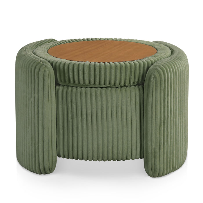 Front facing modern tufted green chenille round storage ottoman with a flip top on a white background