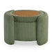 Front facing modern tufted green chenille round storage ottoman with a flip top on a white background