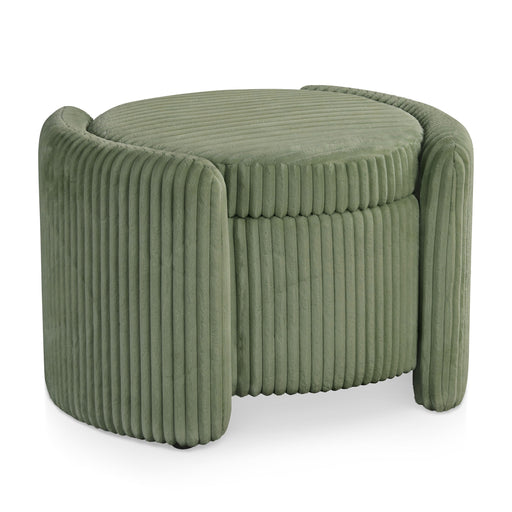 Right facing modern tufted green chenille round storage ottoman with a flip top on a white background