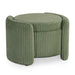 Right facing modern tufted green chenille round storage ottoman with a flip top on a white background
