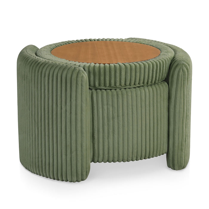 Right facing modern tufted green chenille round storage ottoman with a flip top on a white background