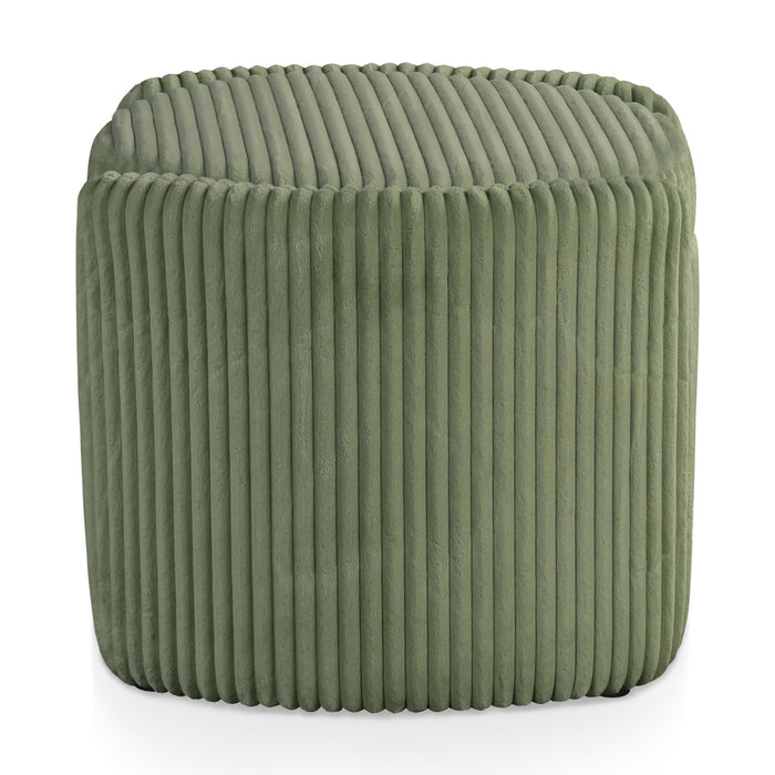 Front facing side view of a modern tufted green chenille round storage ottoman with a flip top on a white background