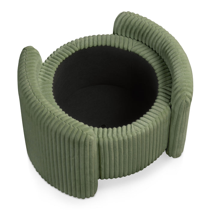 Right facing bird's eye view of a modern tufted green chenille round storage ottoman with a flip top removed on a white background