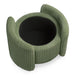 Right facing bird's eye view of a modern tufted green chenille round storage ottoman with a flip top removed on a white background