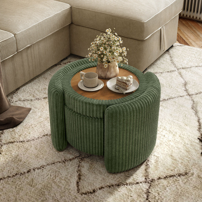 Right facing bird's eye view of a modern tufted green chenille round storage ottoman with a flip top in a room with accessories