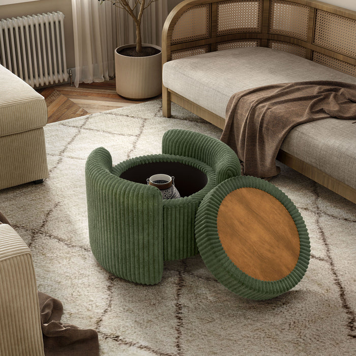 Left facing bird's eye view of a modern tufted green chenille round storage ottoman with a flip top removed in a room with accessories