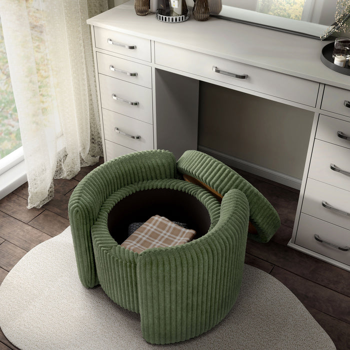 Left facing bird's eye view of a modern tufted green chenille round storage ottoman with a flip top removed in a room with accessories