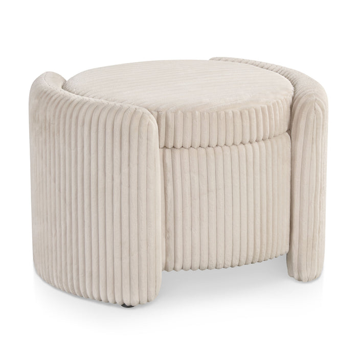 Right facing modern tufted beige pink chenille round storage ottoman with a flip top on a white background