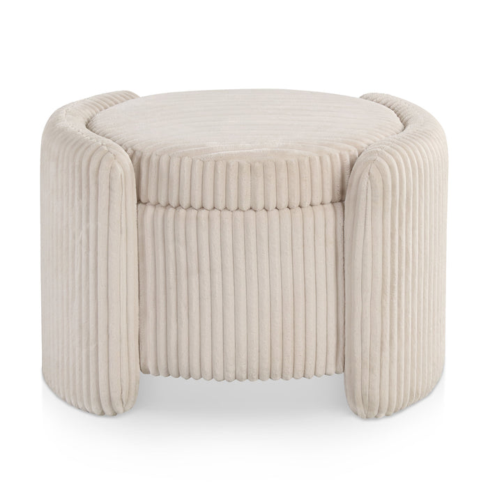 Front facing modern tufted beige pink chenille round storage ottoman with a flip top on a white background