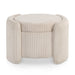 Front facing modern tufted beige pink chenille round storage ottoman with a flip top on a white background