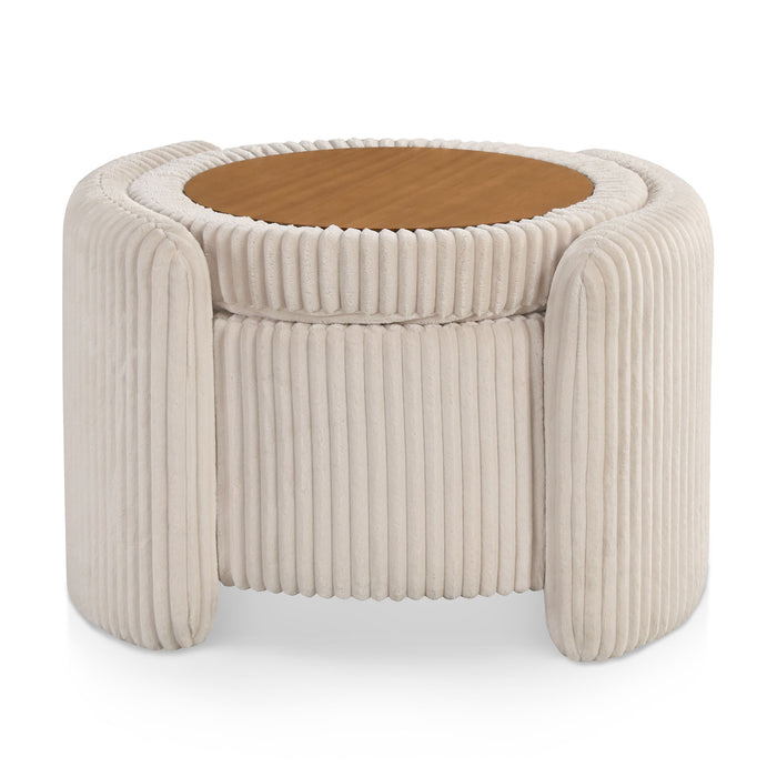 Front facing modern tufted beige pink chenille round storage ottoman with a flip top on a white background