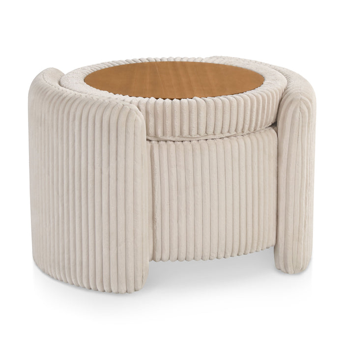 Right facing modern tufted beige pink chenille round storage ottoman with a flip top on a white background