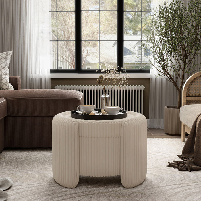Front facing modern tufted beige pink chenille round storage ottoman with a flip top in a room with accessories