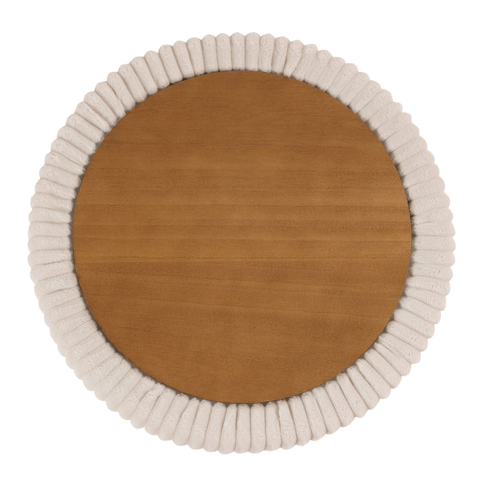 Top view of a modern tufted beige pink chenille round storage ottoman with a flip top on a white background