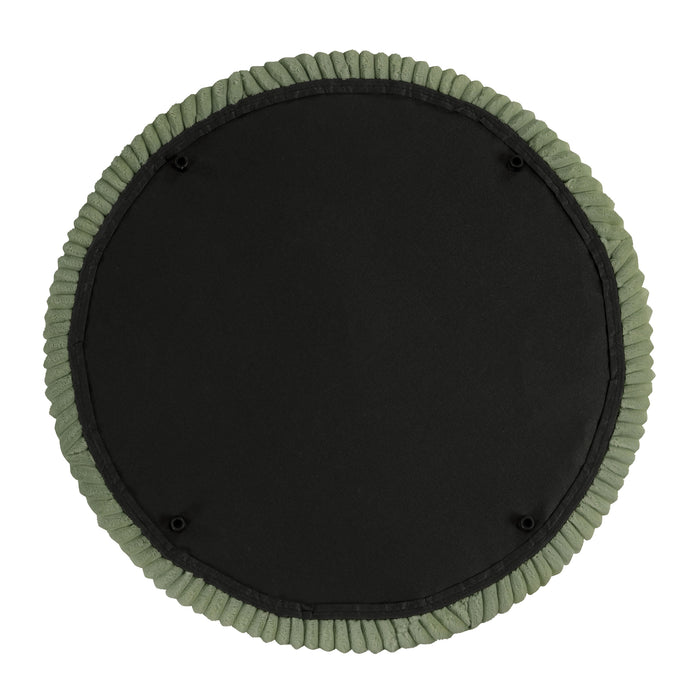 Top view of the top only from a modern tufted green chenille round storage ottoman with a removable top on a white background