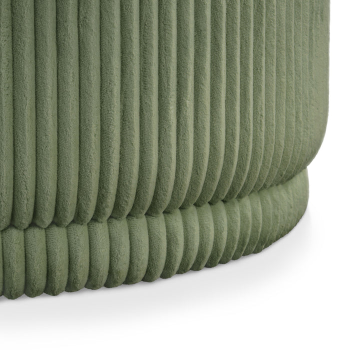 Front facing close up of the modern tufted green chenille round storage ottoman with a removable top on a white background