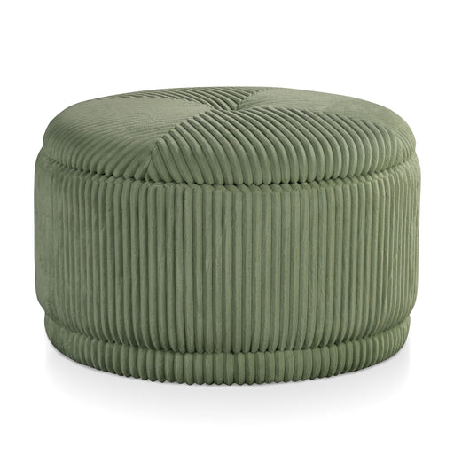 Front facing modern tufted green chenille round storage ottoman with a removable top on a white background
