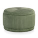 Front facing modern tufted green chenille round storage ottoman with a removable top on a white background