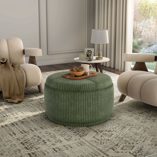 Front facing modern tufted green chenille round storage ottoman with a removable top in a room with accessories
