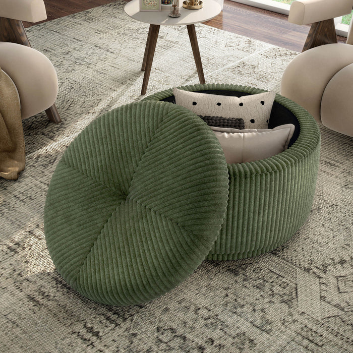 Front facing modern tufted green chenille round storage ottoman with a removable top removed in a room with accessories