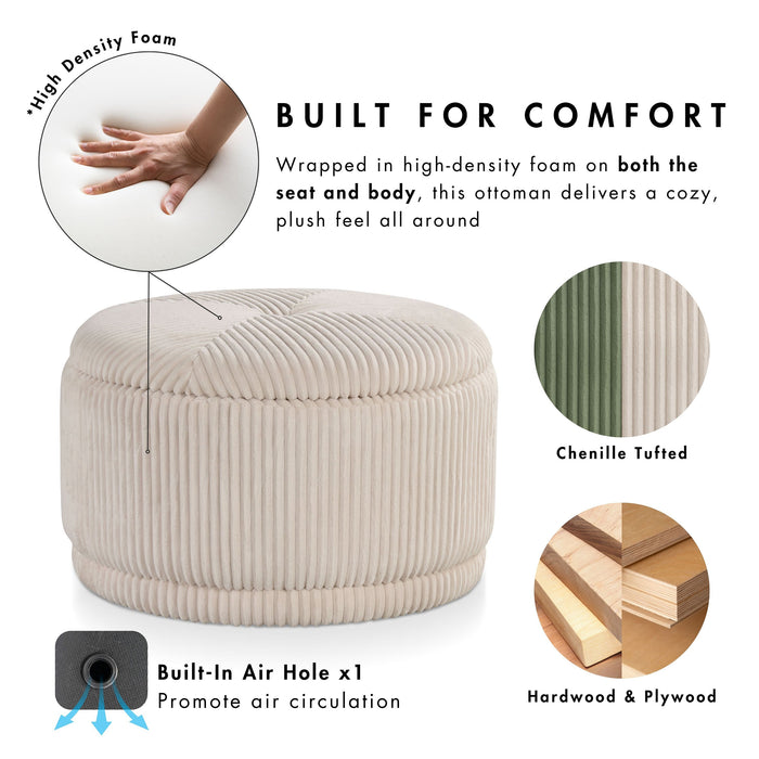 Informational image of the comfort of a modern tufted green chenille round storage ottoman with a removable top