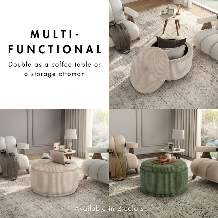 Informational image of the multi-functional design of a modern tufted green chenille round storage ottoman with a removable top