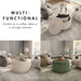 Informational image of the multi-functional design of a modern tufted green chenille round storage ottoman with a removable top