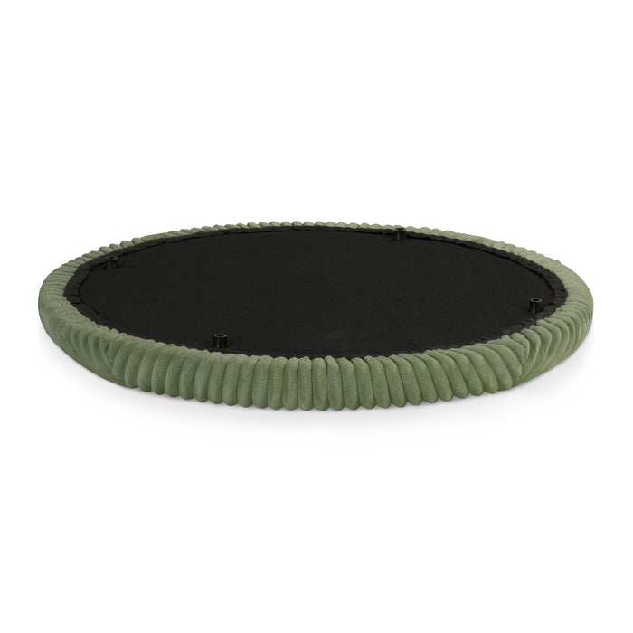 Top only from a modern tufted green chenille round storage ottoman with a removable top on a white background