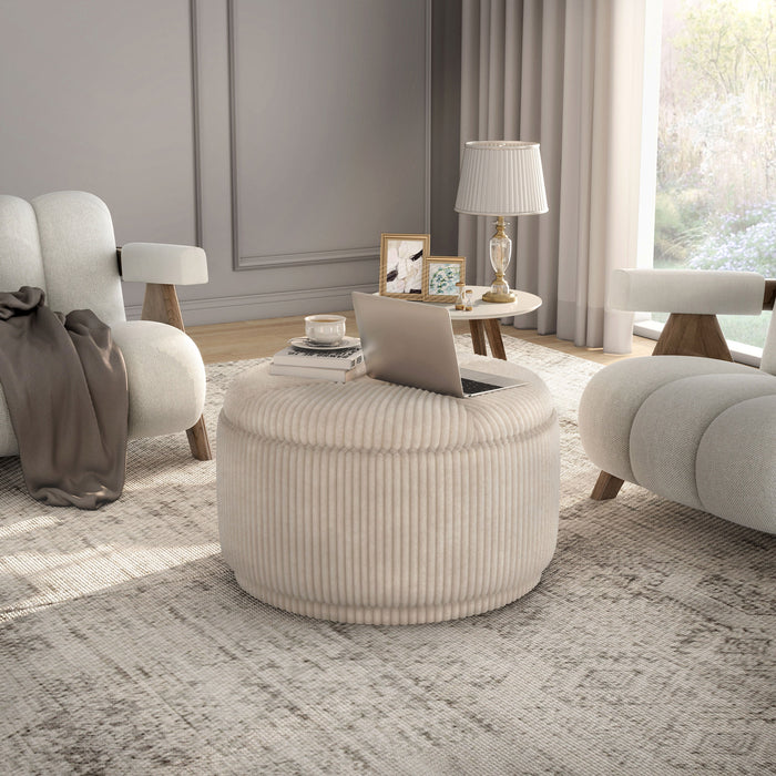 Front facing modern tufted beige pink chenille round storage ottoman with a removable top in a room with accessories