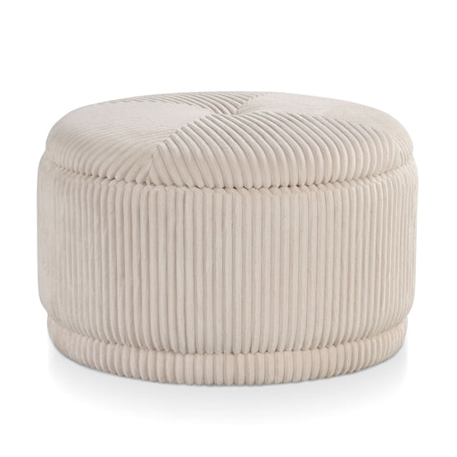 Front facing modern tufted beige pink chenille round storage ottoman with a removable top on a white background