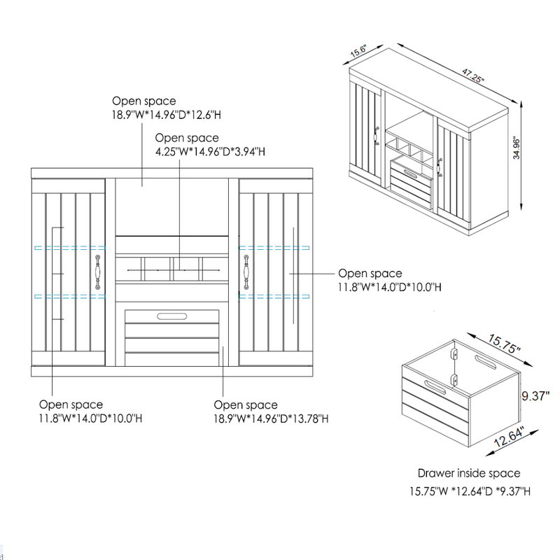 Siessa Industrial 4-Bottle Wine Bar Cabinet with Removable Crate