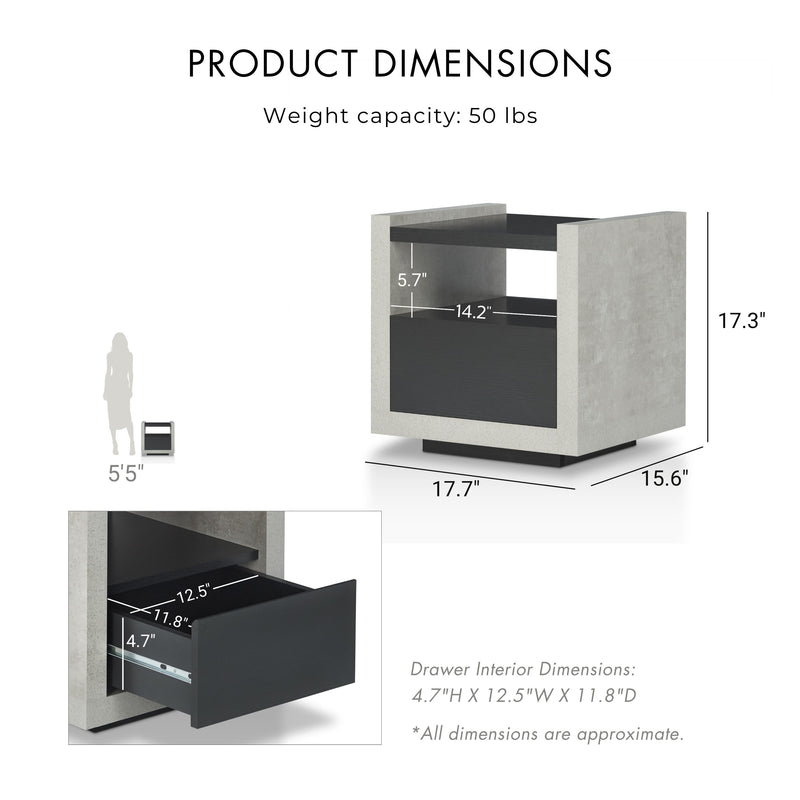 Tatro Black Concrete-Like Elevated Base End Table with Hidden Drawer
