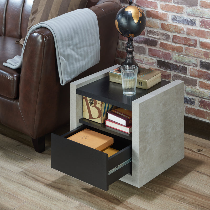 Tatro Black Concrete-Like Elevated Base End Table with Hidden Drawer