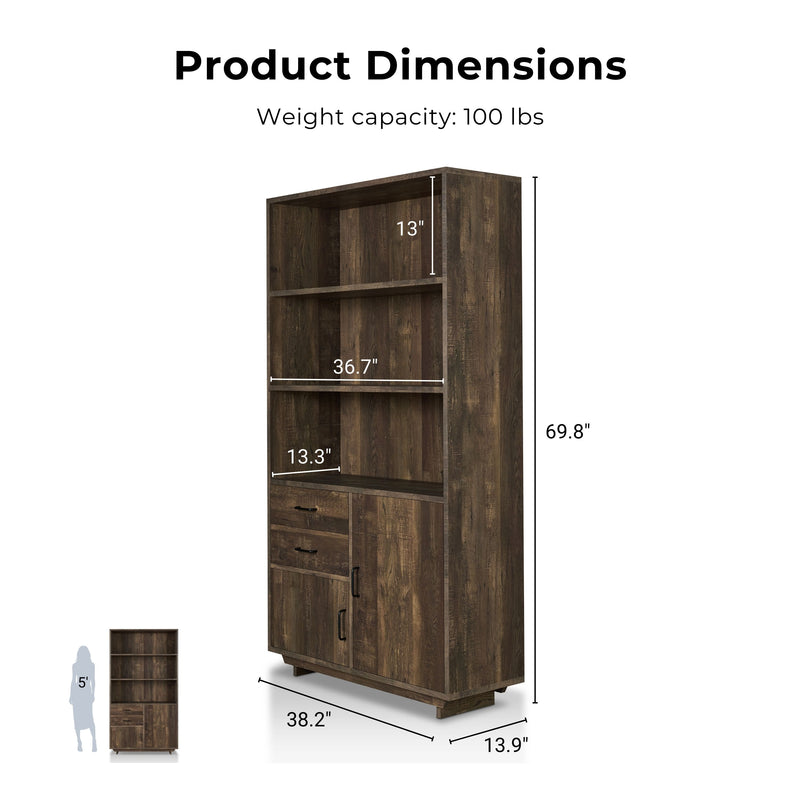 Jarlin Rustic Reclaimed Oak 6-shelf Drawer & Cabinet 70-inch Bookcase