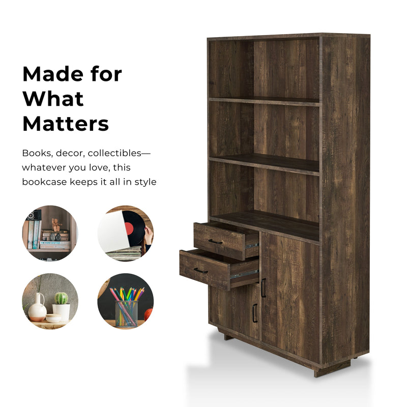 Jarlin Rustic Reclaimed Oak 6-shelf Drawer & Cabinet 70-inch Bookcase