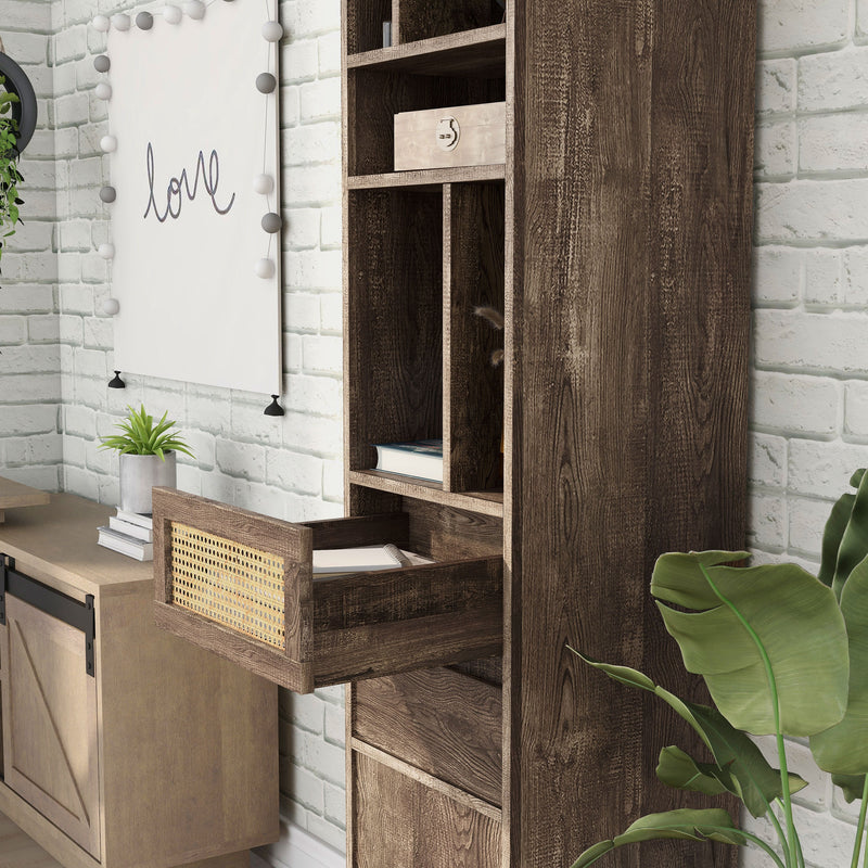 Left facing of a santee storage media tower shelving unit in a room with accessories with a drawer opened