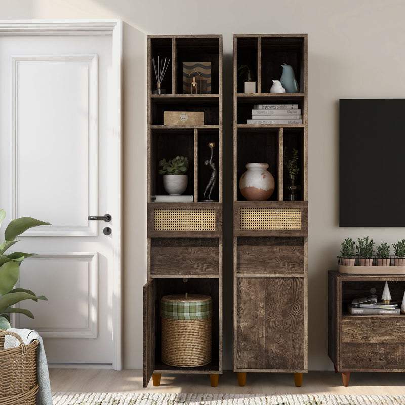Front facing of two santee storage media tower shelving units in a room with accessories