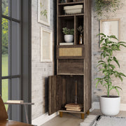 Left facing of a santee storage media tower shelving unit in a room with accessories with a drawer opened