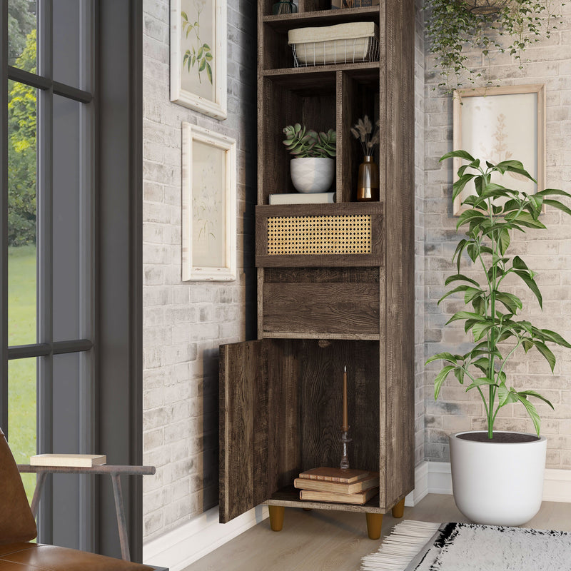 Left facing of a santee storage media tower shelving unit in a room with accessories with a drawer opened