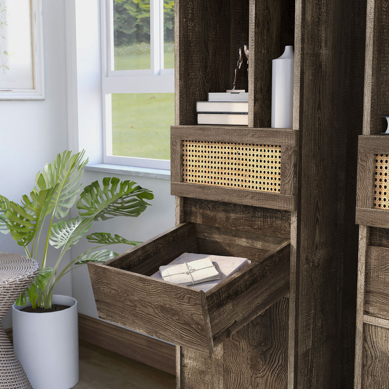 Left facing of a santee storage media tower shelving unit in a room with accessories with a drawer opened