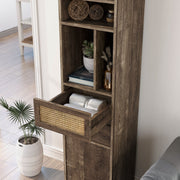 Left facing of a santee storage media tower shelving unit in a room with accessories with a drawer opened