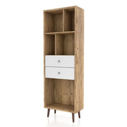 Left facing mid-century modern light oak two-drawer tall bookcase on a white background