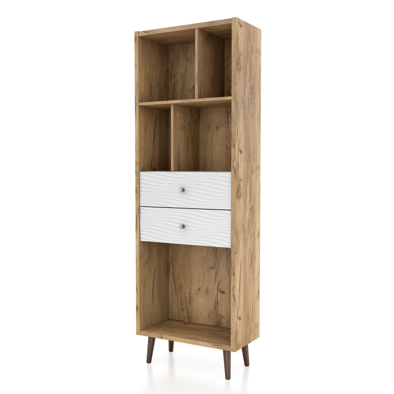 Left facing mid-century modern light oak two-drawer tall bookcase on a white background