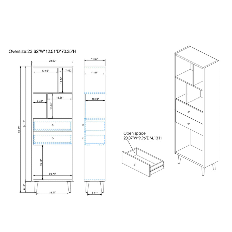 Informational dimensions image for a mid-century modern light oak two-drawer tall bookcase on a white background