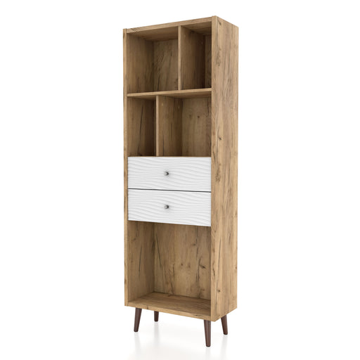 Left facing mid-century modern light oak two-drawer tall bookcase on a white background