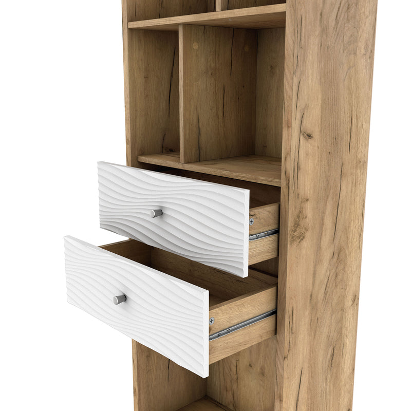 Left facing close up of the drawers of a mid-century modern light oak two-drawer tall bookcase on a white background