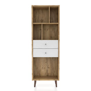 Front facing mid-century modern light oak two-drawer tall bookcase on a white background