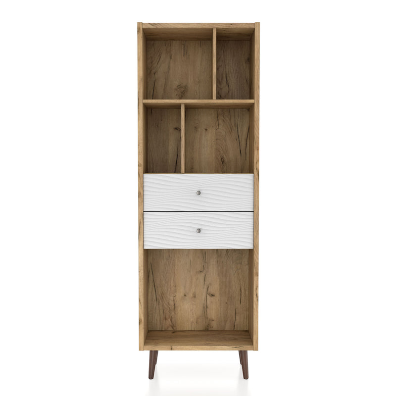 Front facing mid-century modern light oak two-drawer tall bookcase on a white background