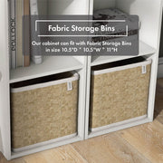 Fabric storage bins shown in a modern cubby style bookcase with a white finish and accessories