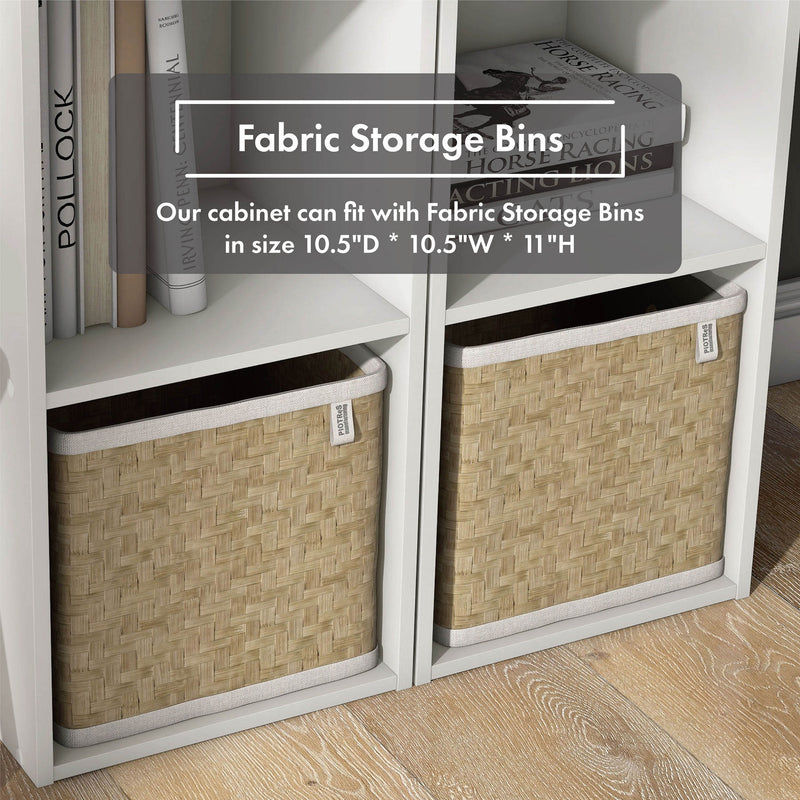Fabric storage bins shown in a modern two-shelf slim bookcase with a white finish and accessories